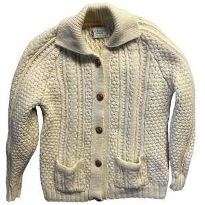 Vtg Lisheen Irish Aran Wool Cardigan Sweater Womens Med Cream Cozy Cottagecore